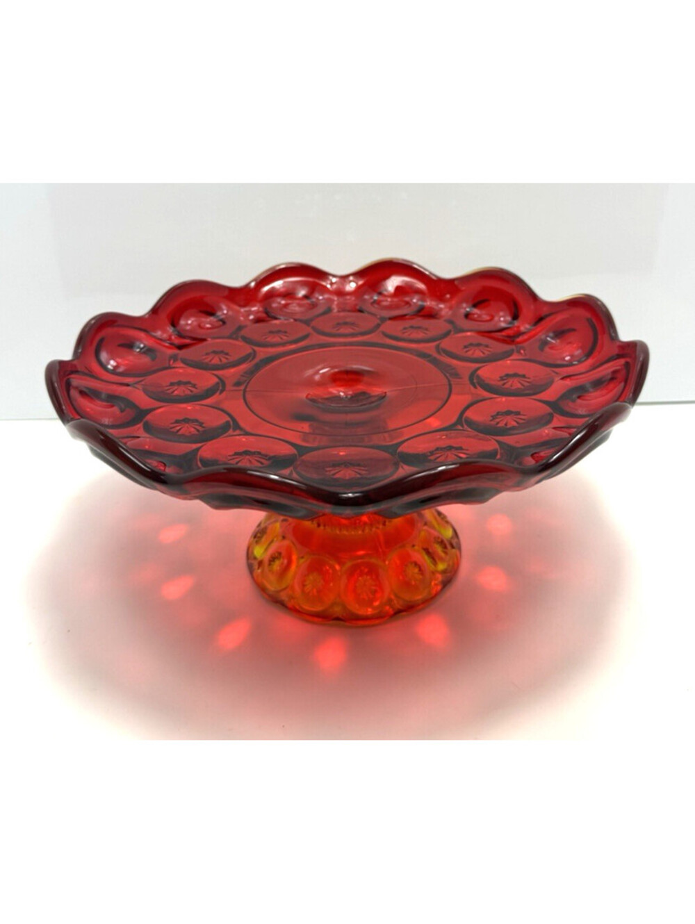 Vtg Moon & Stars Rolled Edge Cake Stand  L E Smith Glass Red Amberina